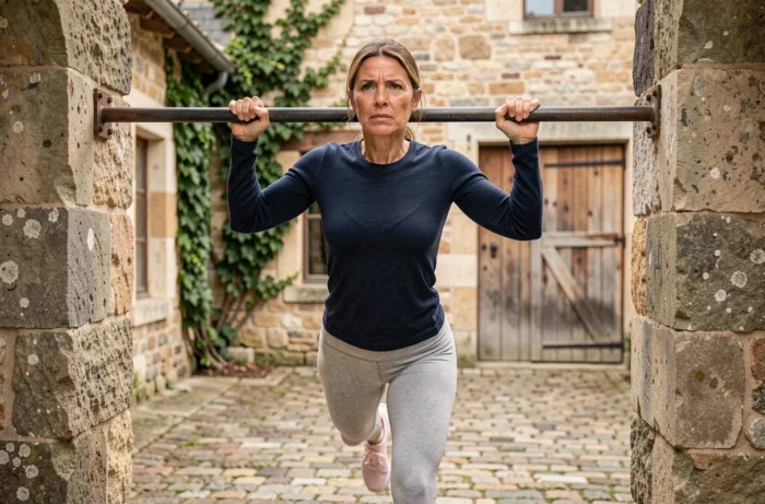 Femme de 50 ans pratiquant la traction à la barre dans une cour de ferme en pierre, montrant l'entraînement en plein air pour les seniors actifs