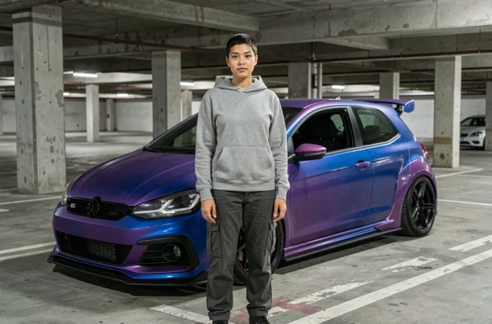 Jeune femme passionnée de tuning posant devant une voiture compacte avec kit carrosserie et covering vinyle dans un parking souterrain urbain