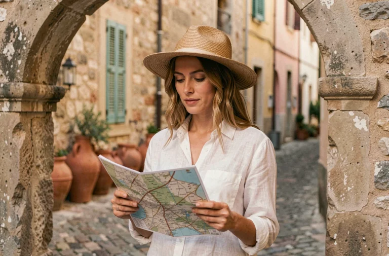 Femme voyageuse consultant une carte dans un village méditerranéen aux ruelles en pierre