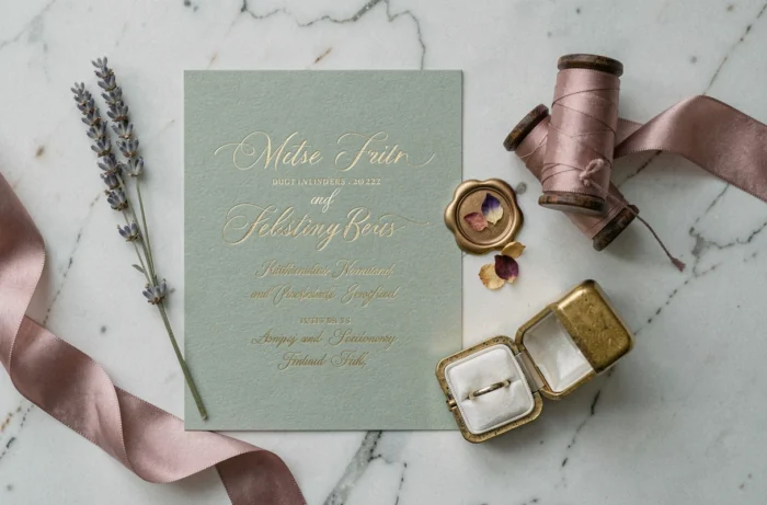 Flat lay de papeterie mariage avec cartons d'invitation calligraphiés, cire à cacheter et rubans en soie rose, tendances déco 2022