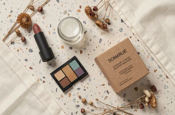 Flat-lay de produits cosmétiques tendance et innovants incluant rouge à lèvres rechargeable, palette d'ombres et soin durable sur surface en terrazzo