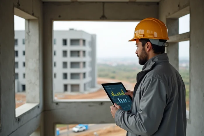 Gestionnaire de projet immobilier sur un chantier de construction consultant un tableau de bord numérique, suivi professionnel sur le terrain