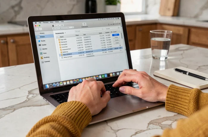 Gros plan sur des mains naviguant dans les préférences imprimantes de macOS pour vérifier l'historique d'impression