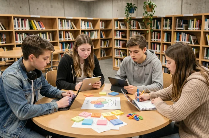 Groupe d'élèves de lycée travaillant ensemble en bibliothèque avec des outils pédagogiques adaptés pour les troubles dys
