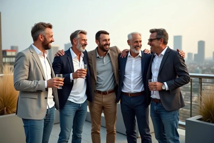 Groupe multigénérationnel d'hommes fêtant un enterrement de vie de garçon sur une terrasse urbaine