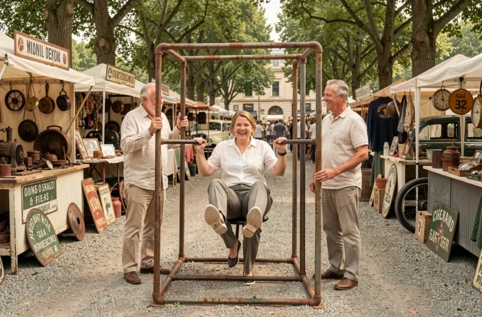 Groupe d'adultes entre 45 et 60 ans pratiquant la traction lors d'un marché de voitures anciennes en plein air, ambiance communautaire et sport senior