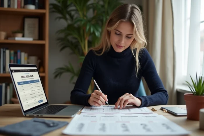 Femme consultant un guide des tailles internationales pour vêtements taille S, assise à un bureau avec des tableaux de correspondance