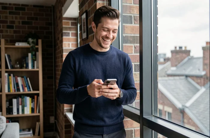 Homme souriant dans un appartement moderne répondant avec humour à un message sur son téléphone