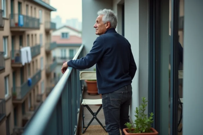 Homme d'âge mûr pensif sur le petit balcon d'un appartement compact en milieu urbain avec vue sur immeubles résidentiels