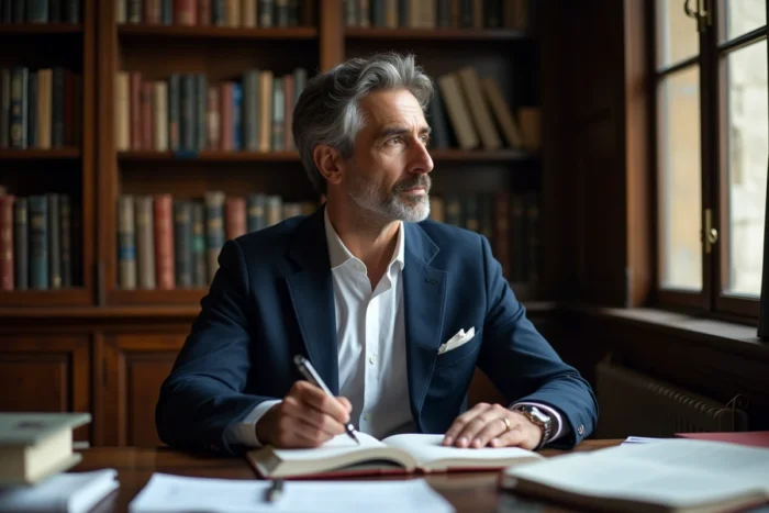 Homme en costume bleu assis dans un bureau éditorial français, symbolisant les déclarations publiques sur la vie privée dans les médias