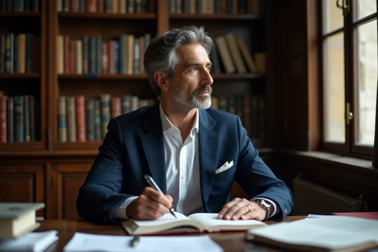 Homme en costume bleu assis dans un bureau éditorial français, symbolisant les déclarations publiques sur la vie privée dans les médias