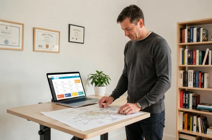 Homme debout à un bureau réglable examinant un plan de site imprimé et une interface de portail de rendez-vous en ligne, représentant l'organisation et la navigation structurée d'un site professionnel