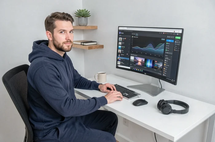 Homme travaillant sur une plateforme de streaming alternative depuis un bureau minimaliste à domicile