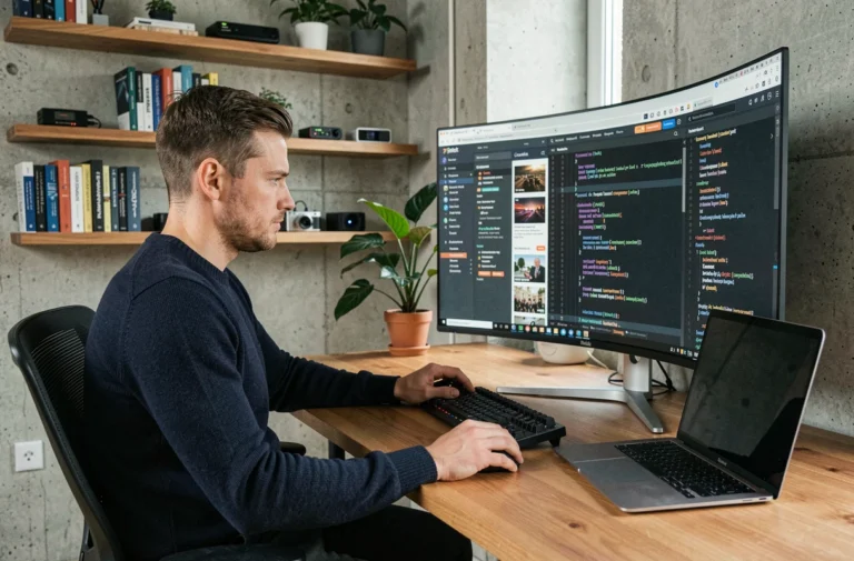 Homme dans un bureau minimaliste explorant des ressources high-tech sur un écran ultrawide moderne