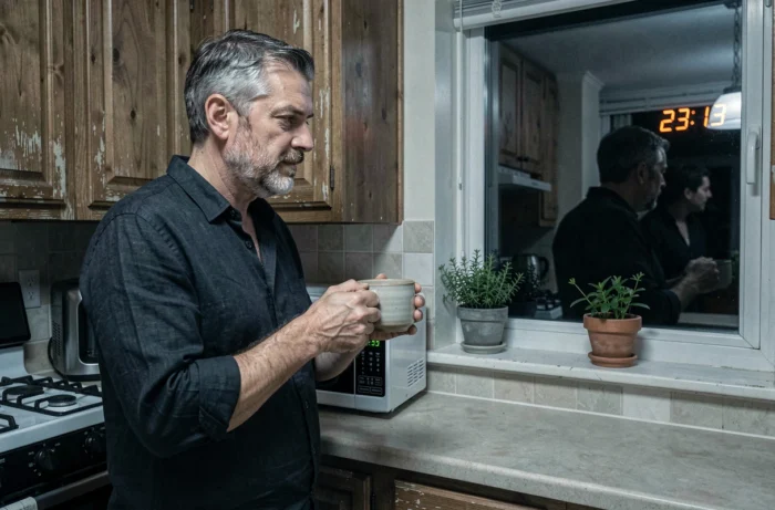 Homme en cuisine la nuit regardant l'horloge numérique afficher 23h13, moment de réflexion nocturne