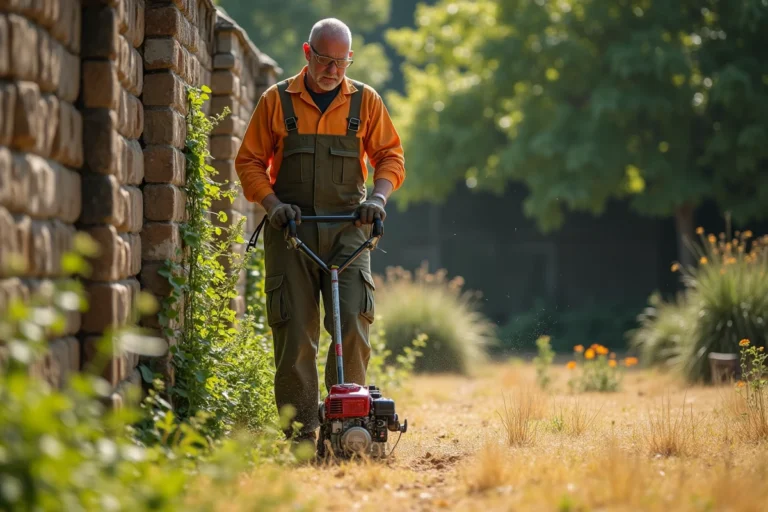 Homme utilisant une débroussailleuse thermique pour entretenir les bordures d'un jardin envahi par les mauvaises herbes