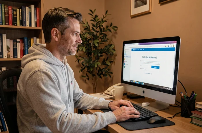 Homme utilisant un ordinateur de bureau à domicile pour accéder à un nouveau lien internet