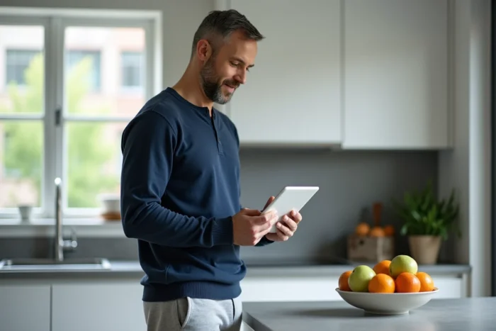 Homme consultant ses données de santé sur une tablette dans une cuisine moderne