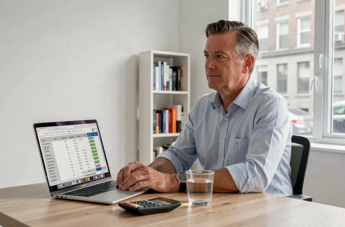 Homme en chemise bleue gérant ses finances personnelles sur ordinateur portable dans un bureau à domicile
