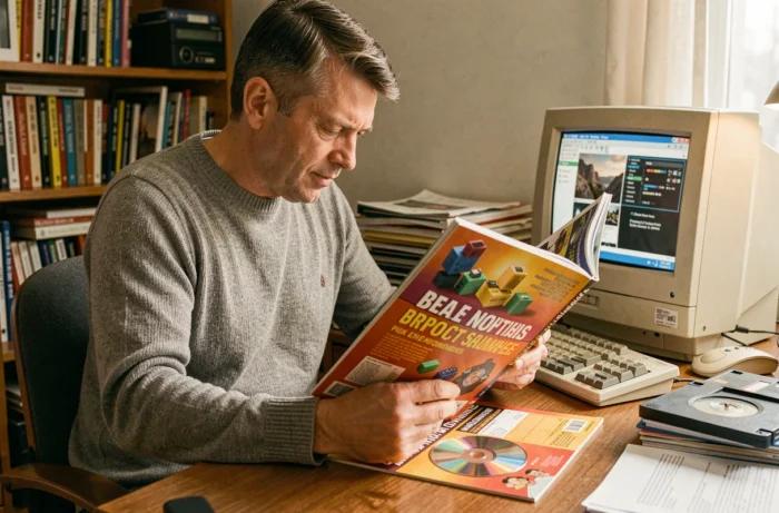 Homme feuilletant un ancien magazine informatique PC Expert dans un bureau rétro des années 90 avec moniteur CRT et piles de revues tech