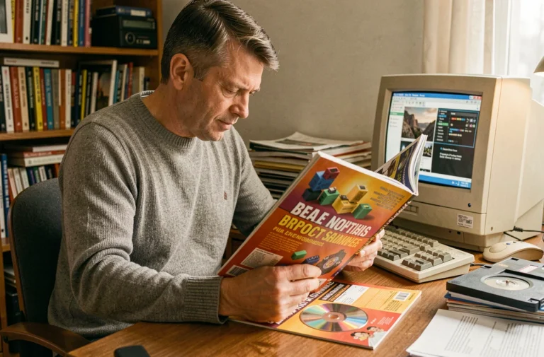 Homme feuilletant un ancien magazine informatique PC Expert dans un bureau rétro des années 90 avec moniteur CRT et piles de revues tech