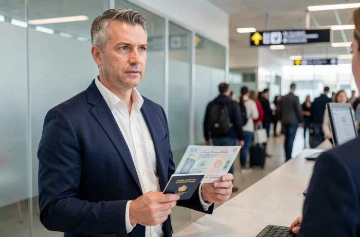 Homme présentant une photocopie de passeport à un comptoir d'enregistrement d'aéroport
