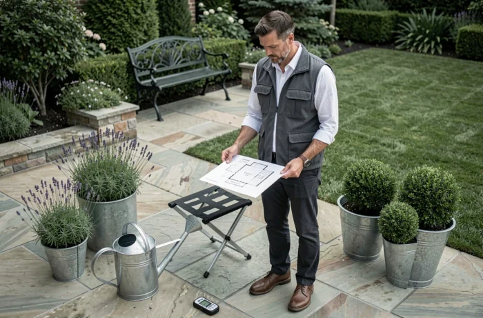 Homme consultant un plan d'aménagement de jardin entouré d'équipements de jardinage haut de gamme sur une terrasse en pierre