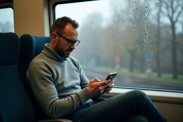 Homme consultant le plan des zones Navigo sur smartphone dans un train RER en banlieue parisienne