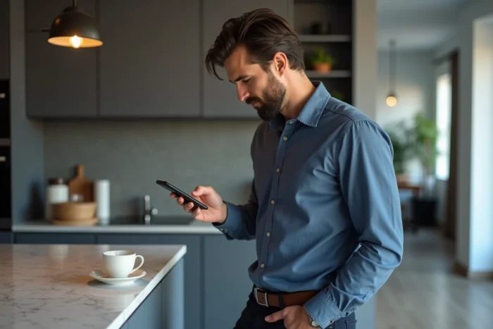 Homme consultant une plateforme immobilière sur smartphone dans une cuisine moderne