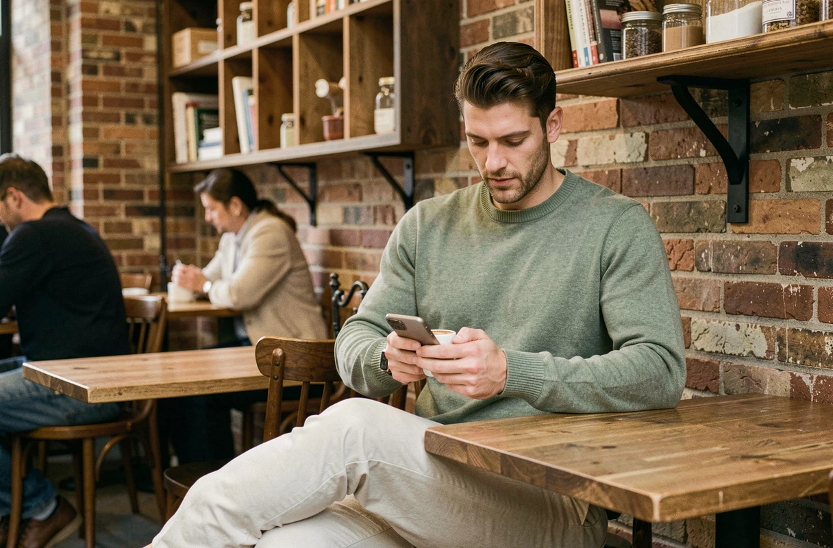 Homme en pull coton vert sauge Liberto attablé dans un café urbain, style décontracté moderne