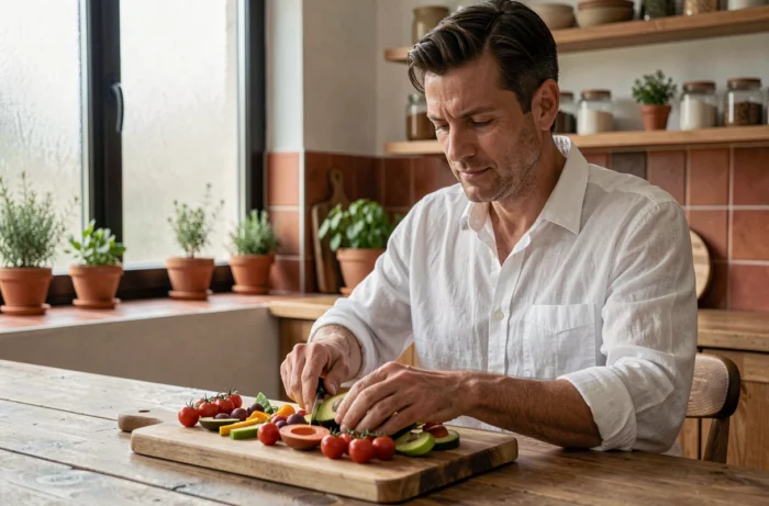 Homme préparant un repas sain et équilibré à la maison pour rester en bonne santé