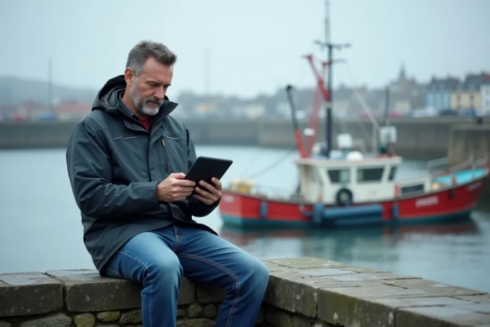 Homme consultant l'actualité bretonne sur une tablette numérique au port de Brest
