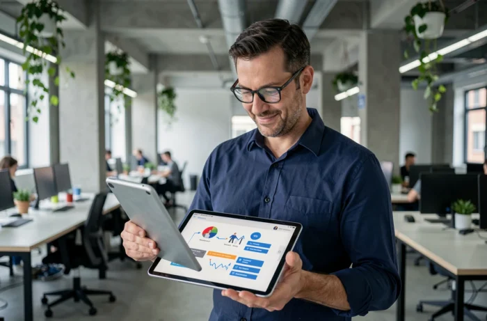 Homme consultant un plan de site web sur une tablette dans un espace de coworking moderne