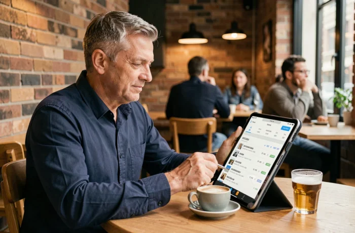 Homme consultant les résultats Raconte-moi sur une tablette dans un café moderne en ville