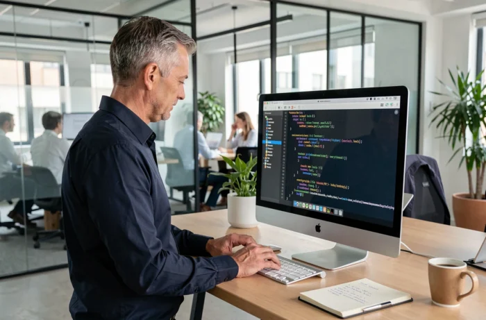 Homme utilisant le Terminal macOS pour consulter les journaux d'impression dans un bureau professionnel moderne