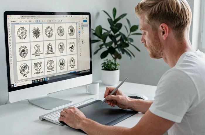 Designer utilisant un outil d'IA générative pour explorer des concepts initiaux de logo sur son écran