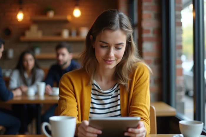 Jeune femme utilisant une tablette pour s'identifier sur un service en ligne dans un café urbain