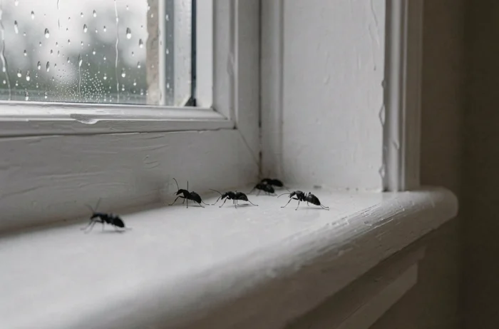 Petits insectes noirs sur un rebord de fenêtre intérieur après une pluie d'orage