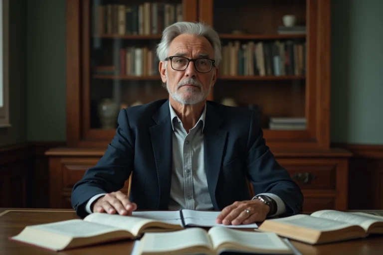 Portrait d'un intellectuel français aux cheveux gris assis dans son bureau entouré de livres, exprimant une réflexion profonde face à la maladie