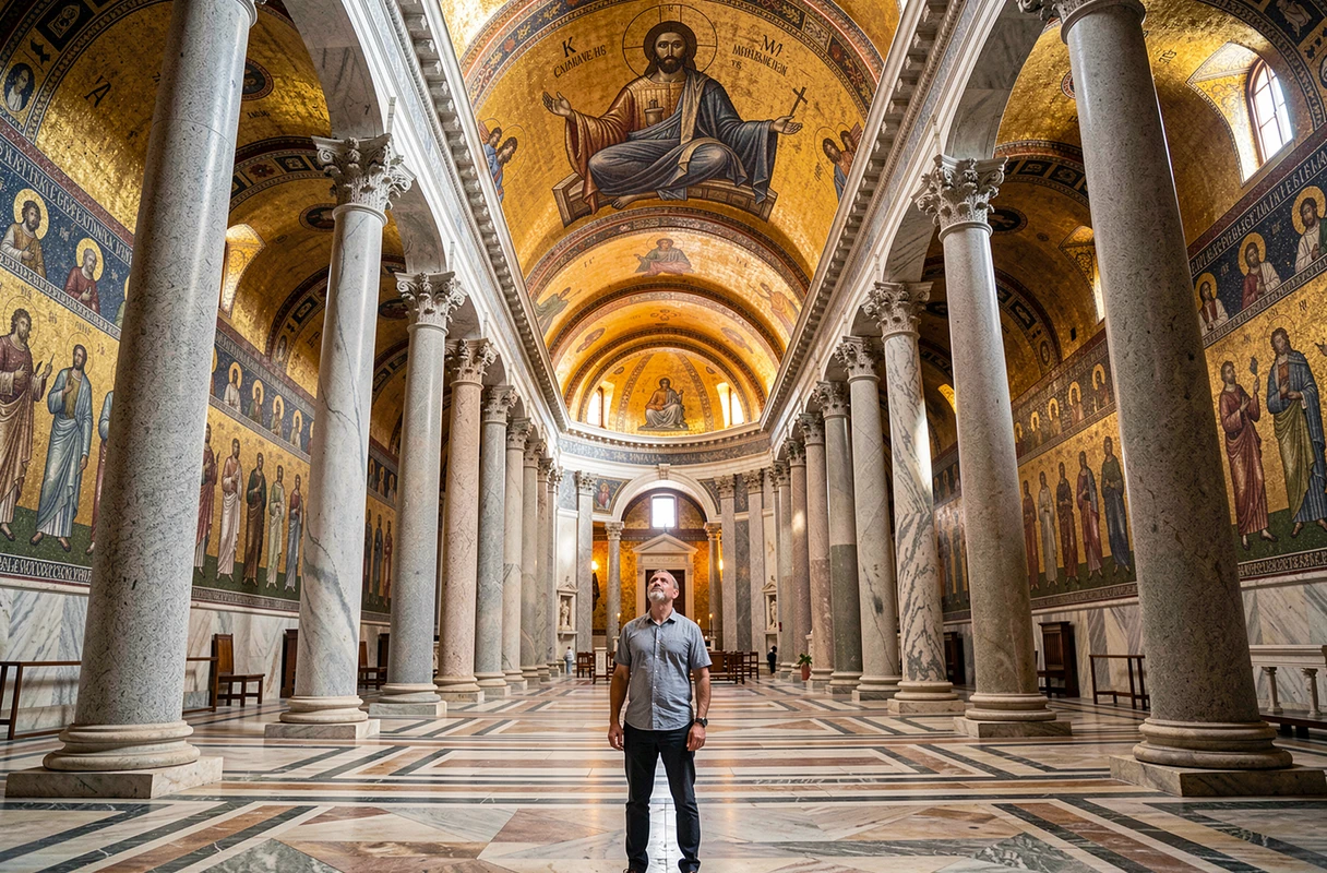 Touriste bien habillé admirant les mosaïques byzantines à l'intérieur de la cathédrale de Monreale