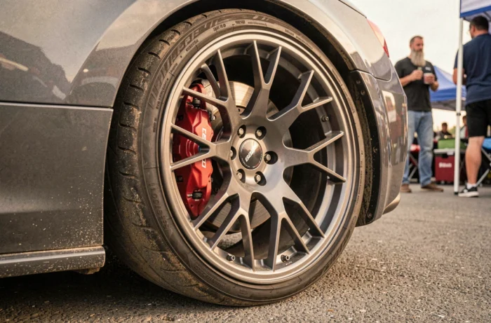 Gros plan sur une jante alliage personnalisée sur véhicule de tuning lors d'un salon automobile en plein air