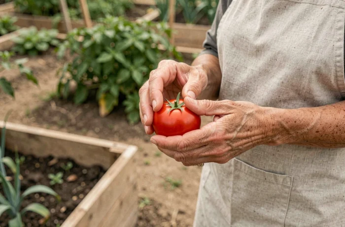 Jardinière examinant la peau épaisse d'une tomate fraîchement récoltée dans le potager