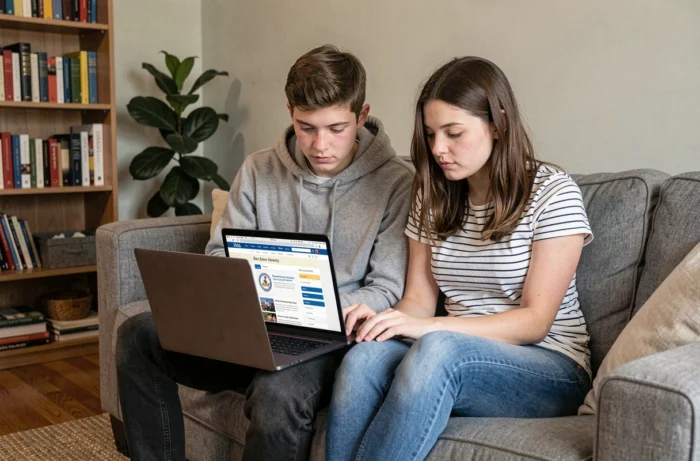 Adolescent et jeune adulte consultant les conditions d'éligibilité aux allocations familiales sur un ordinateur portable