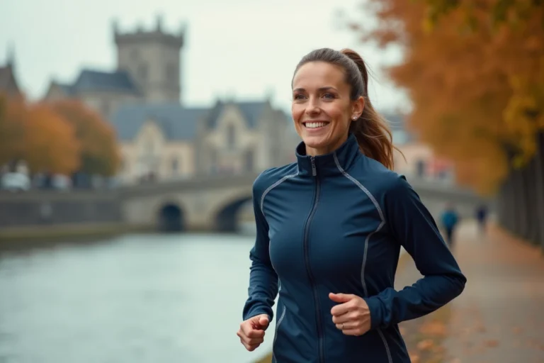 Femme faisant du jogging sur les quais de l'Odet à Quimper avec la cathédrale en arrière-plan en automne
