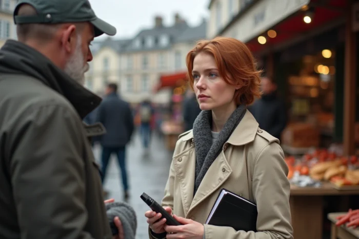 Journaliste interviewant un pêcheur au marché de Quimper pour couvrir l'actualité bretonne