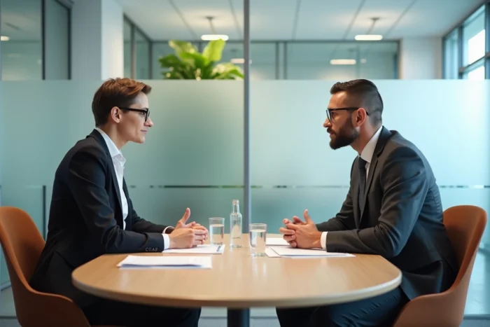 Deux journalistes en discussion sérieuse autour d'une table de réunion dans les locaux d'un média français, illustrant le débat sur la vie privée publique