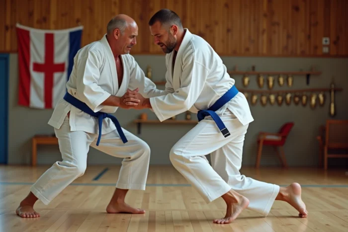 Pratiquant de judo en kimono blanc exécutant une technique de projection dans un dojo à Quimper