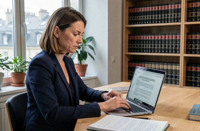 Femme juriste consultant un document légal sur ordinateur portable dans un bureau parisien, illustrant la réglementation française sur les liens en ligne en 2026
