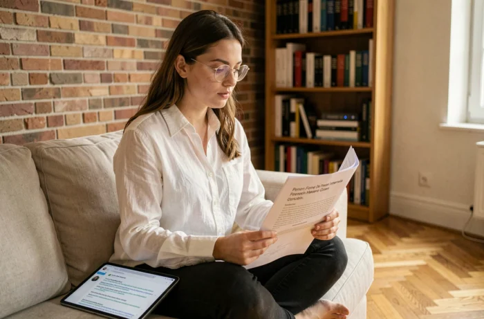 Jeune femme lisant un document juridique sur la loi française encadrant les liens en ligne dans un appartement parisien
