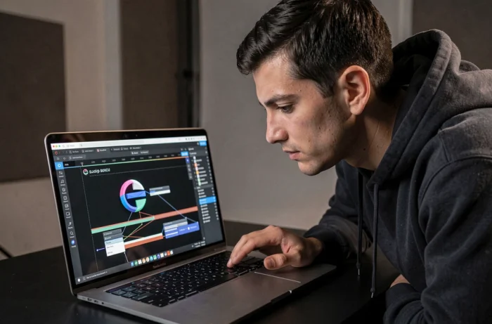 Designer masculin étudiant une animation de logo sur son écran d'ordinateur en studio sombre